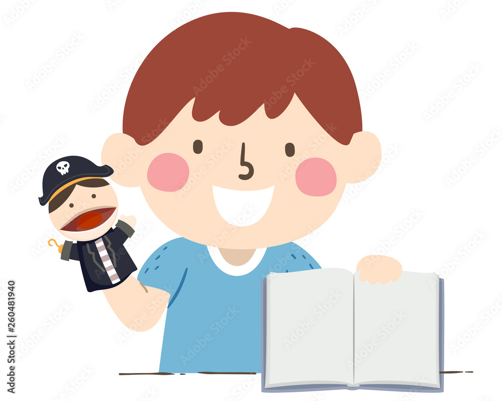 Kid Boy Pirate Puppet Open Story Book Illustration Kid Boy Pirate Puppet Open Story Book Illustration