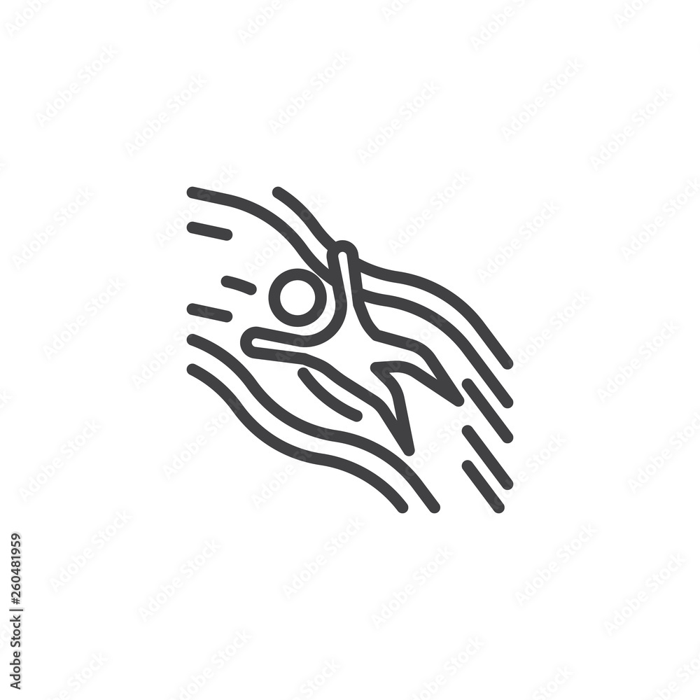 Boy on water slide in aqua park line icon. linear style sign for mobile concept and web design. Man slide down in aquapark outline vector icon. Symbol, logo illustration. Pixel perfect vector graphics