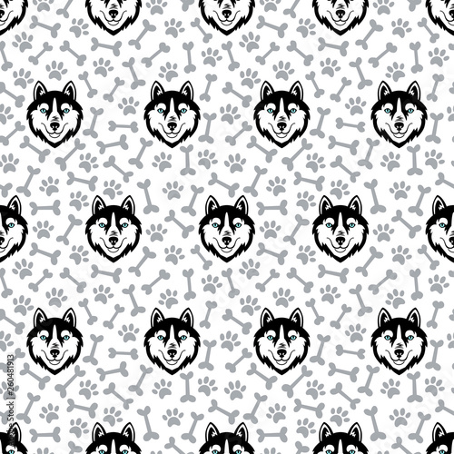 Husky black head dog vector seamless pattern.