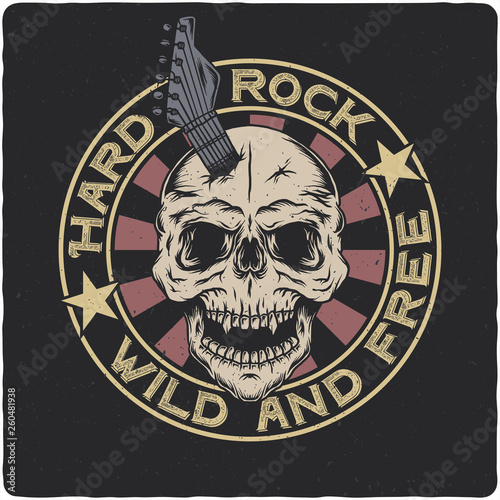 Skull with guitar. Vintage label, illustration, logotype. Vector illustration. T-shirt or poster design.