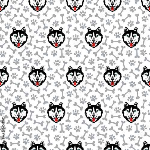 Husky black head dog vector seamless pattern.