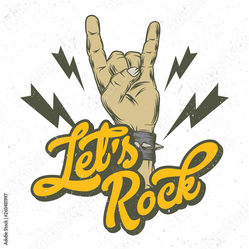 Fingers rock gesture. Vintage label, illustration, logotype. Vector illustration. T-shirt or poster design.
