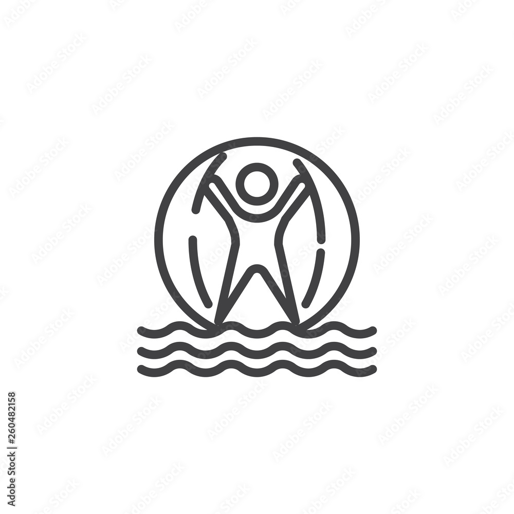 Man inside water walking ball line icon. linear style sign for mobile concept and web design. Boy playing inside a floating water walking ball outline vector icon. Symbol, logo illustration. Man inside water walking ball line icon. linear style sign for mobile concept and web design. Boy playing inside a floating water walking ball outline vector icon. Symbol, logo illustration.
