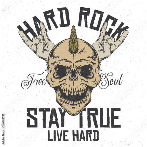 Fingers rock gesture on the skull. Vintage label, illustration, logotype. Vector illustration. T-shirt or poster design.
