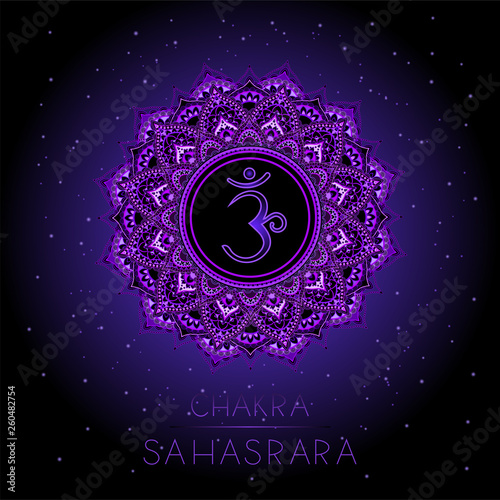 Vector illustration with symbol Sahasrara - Crown chakra on black background.