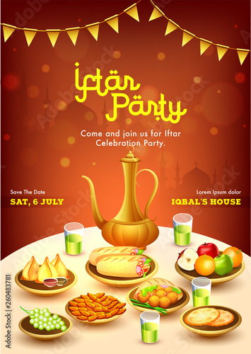 Creative Invitation Card design with date and time details, stylish text of Iftar Party Celebration.