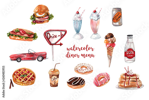 Retro diner menu. Burger, hot dog, soda, milkshakes, ice cream, berry pie, donuts, coffee. Collection of watercolor illustrations on white isolated background