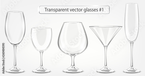 Set of transparent vector glass goblets for wine bar