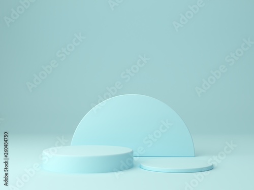 Minimal scene with podium and abstract background. Geometric shape. Blue pastel colors scene. Minimal 3d rendering. Scene with geometrical forms and blue background. 3d render. 