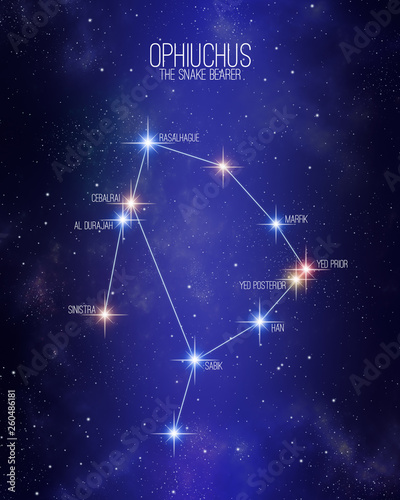 Valokuvatapetti Ophiuchus the snake bearer zodiac constellation map on a starry space background with the names of its main stars