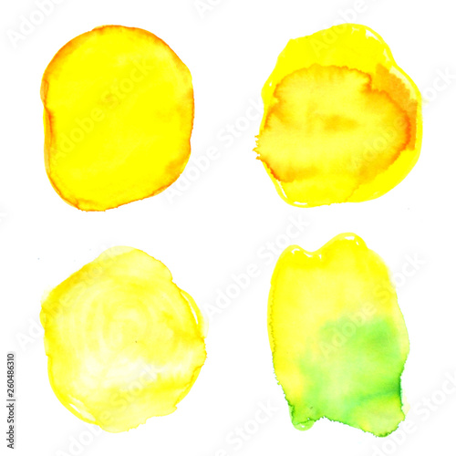 Bright summer yellow spots of watercolor. Solar backgrounds. Design of invitation, greeting card, birthday, wedding, children's day.