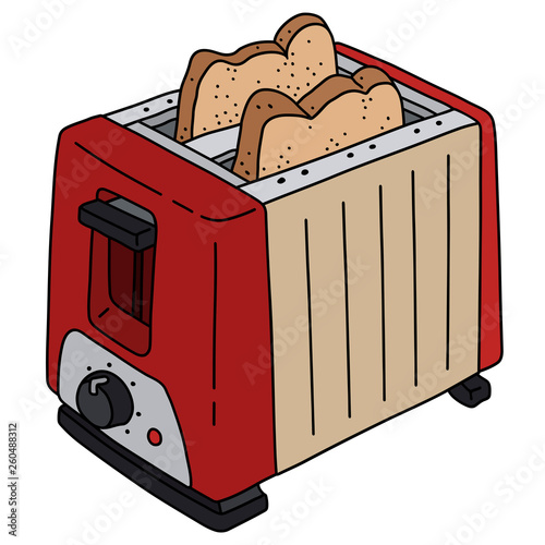 The vectorized hand drawing of a retro red and cream electric toaster