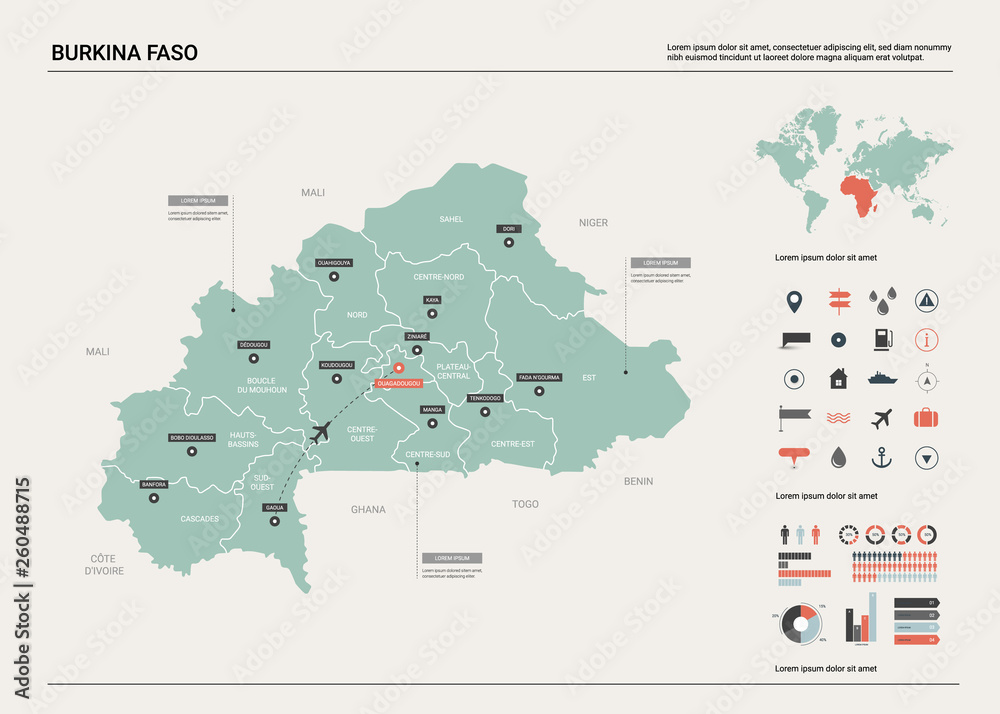 Vector map of Burkina Faso.  High detailed country map with division, cities and capital Ouagadougou. Political map,  world map, infographic elements.
