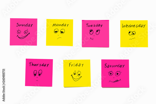 Notes stickers to remind the days of the week. Funny notes with painted emotions, reflecting the days of the week. Monday, Tuesday, Wednesday, Thursday, Friday, Saturday, Sunday. Isolate.