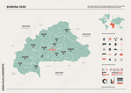 Vector map of Burkina Faso. High detailed country map with division, cities and capital Ouagadougou. Political map, world map, infographic elements.