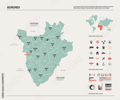 Vector map of Burundi. High detailed country map with division, cities and capital Bujumbura. Political map, world map, infographic elements.