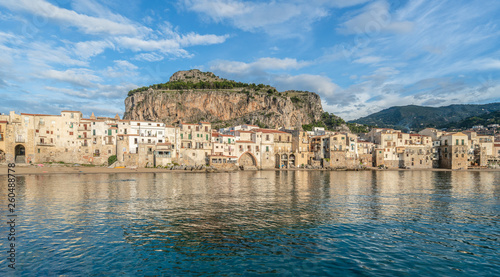Landscape with beach and medieval Cefalu town, Sicily island, Italy