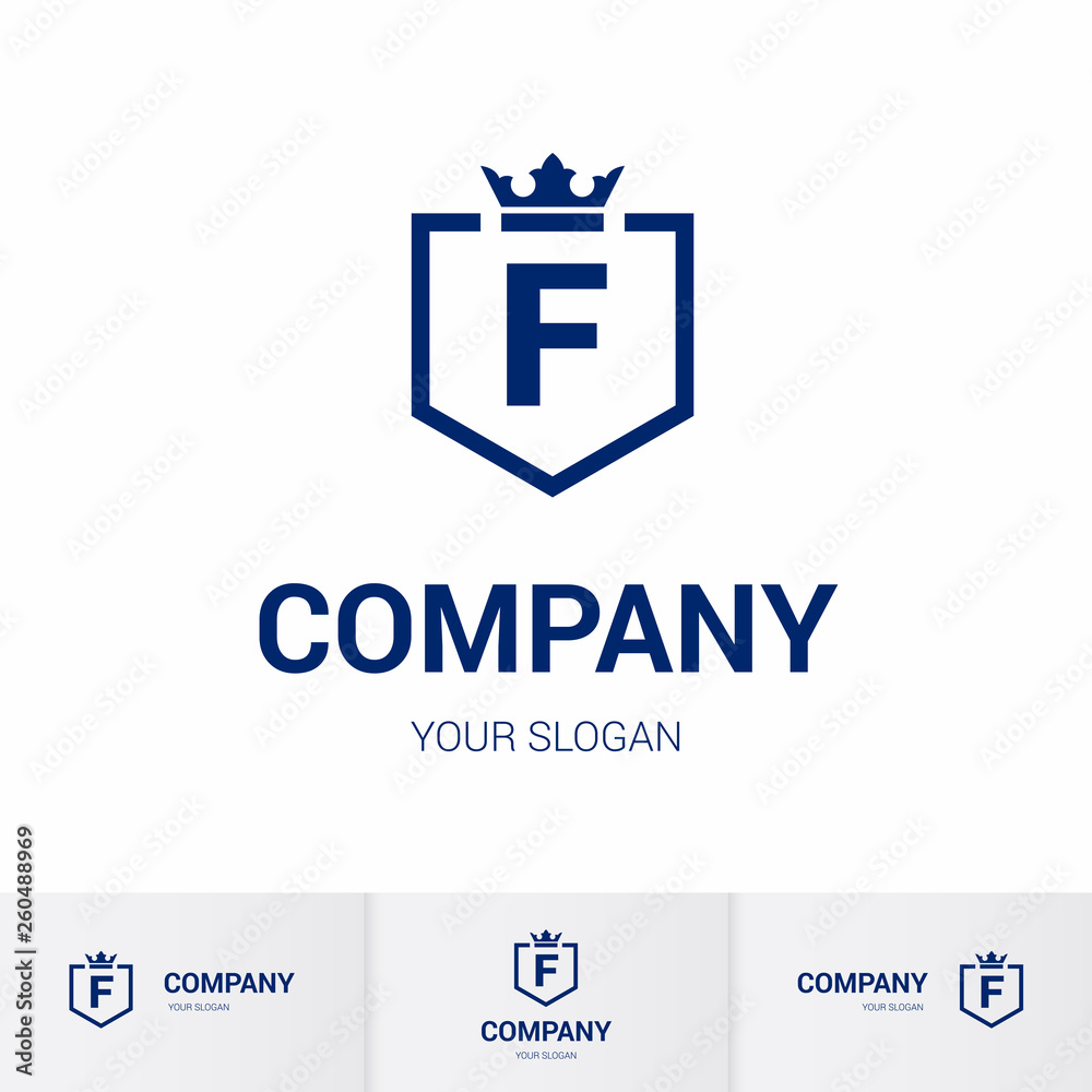 Fototapeta premium Illustration of Shield Badge-Shape with letter F in the Middle and Luxury Crown. Logo Icon Template for Web and Business Card, Letter Logo Template on White Background