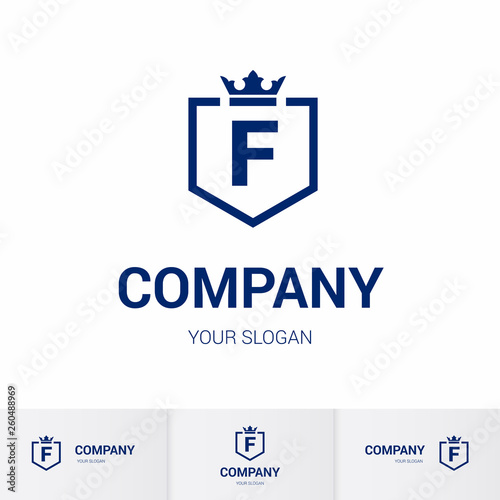 Illustration of Shield Badge-Shape with letter F in the Middle and Luxury Crown. Logo Icon Template for Web and Business Card, Letter Logo Template on White Background