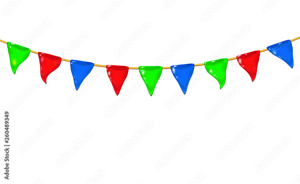 Fototapeta premium Garland 3d glossy little flags or pennants by a rope, hanging for holiday, realistic plastic toy for children. Design shiny icon vector illustration isolated. Childish colorful fun. RGB Eps10