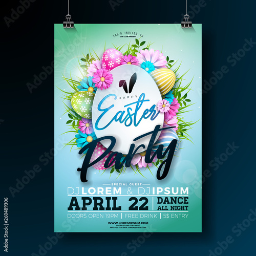 Vector Easter Party Flyer Illustration with painted eggs, spring flower and typography elements on nature blue background. Spring holiday celebration poster design template.