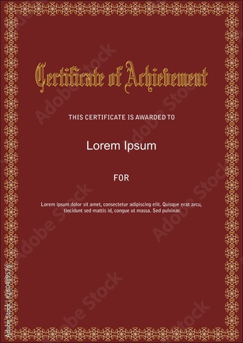 Certificate template in vintage design with ornate ornamental border and antiquarian font, golden elements on dark red background, vector template