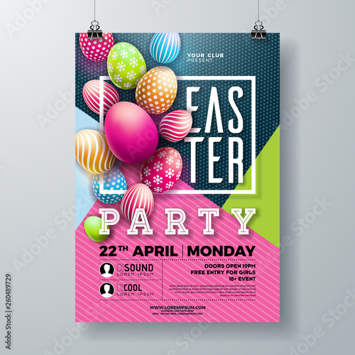 Vector Easter Party Flyer Illustration with painted eggs, spring flower and typography elements on nature blue background. Spring holiday celebration poster design template.