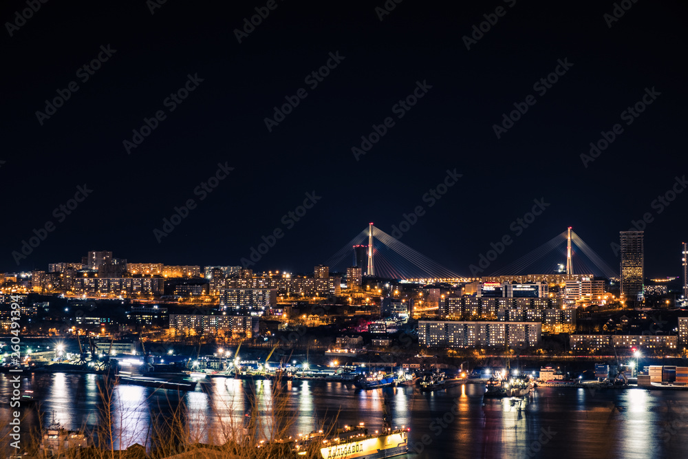 Night view of the city of Vladivostok. Vladivostok, Russia.