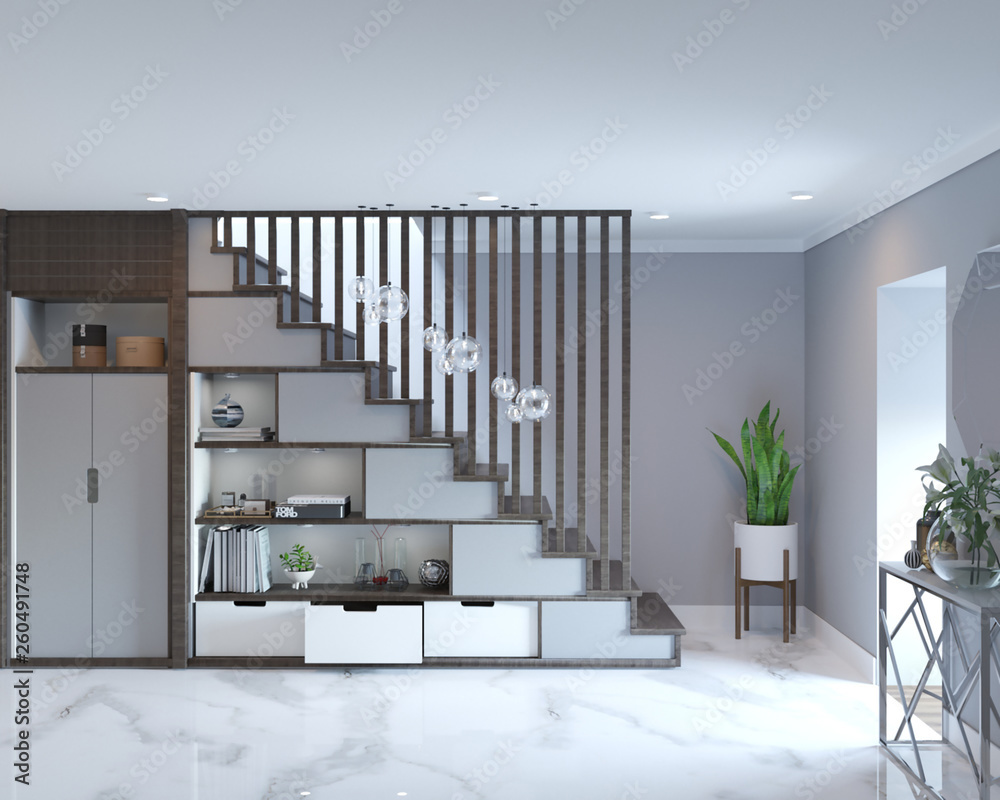 3d rendering of loft hall interior with stairs - obrazy, fototapety, plakaty 