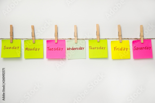 Notes stickers to remind the days of the week. Funny notes with painted emotions, reflecting the days of the week. Monday, Tuesday, Wednesday, Thursday, Friday, Saturday, Sunday. Isolate .