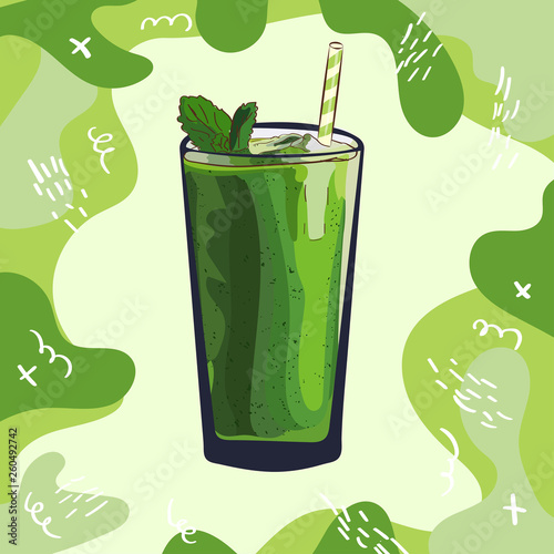 Green smoothie recipe. Menu element for cafe or restaurant with energetic fresh drink. Fresh juice for healthy life.