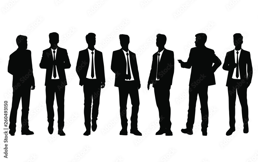 Set of silhouettes man standing, cartoon character, business people group  in black suits, vector silhouettes and flat designe icon isolated on white  background Stock Vector | Adobe Stock