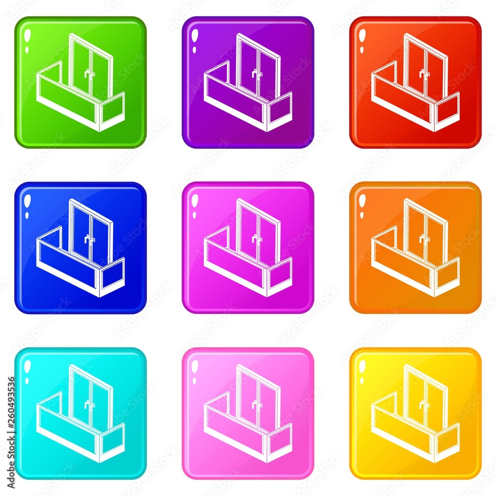 Glass balcony icons set 9 color collection isolated on white for any design Glass balcony icons set 9 color collection isolated on white for any design