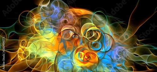 abstract psychedelic background colored fractal hotspots arranged circles and spirals of different sizes Digital graphic design alchemy. magic