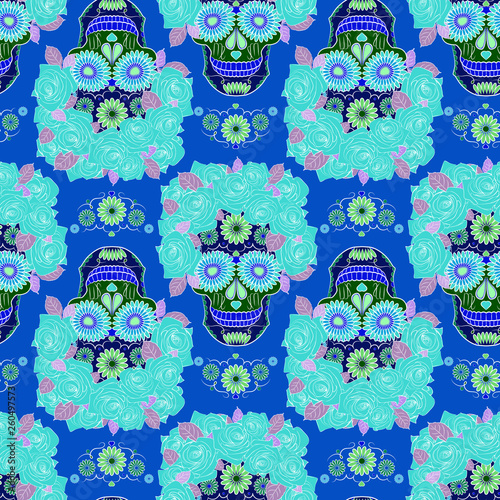bright seamless pattern with skull image, symbol of traditional national Mexican holiday Day of the dead and angels Day