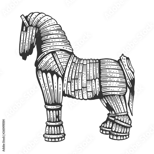 Trojan horse sketch engraving vector illustration. Horse wooden figure. Scratch board style imitation. Hand drawn image.