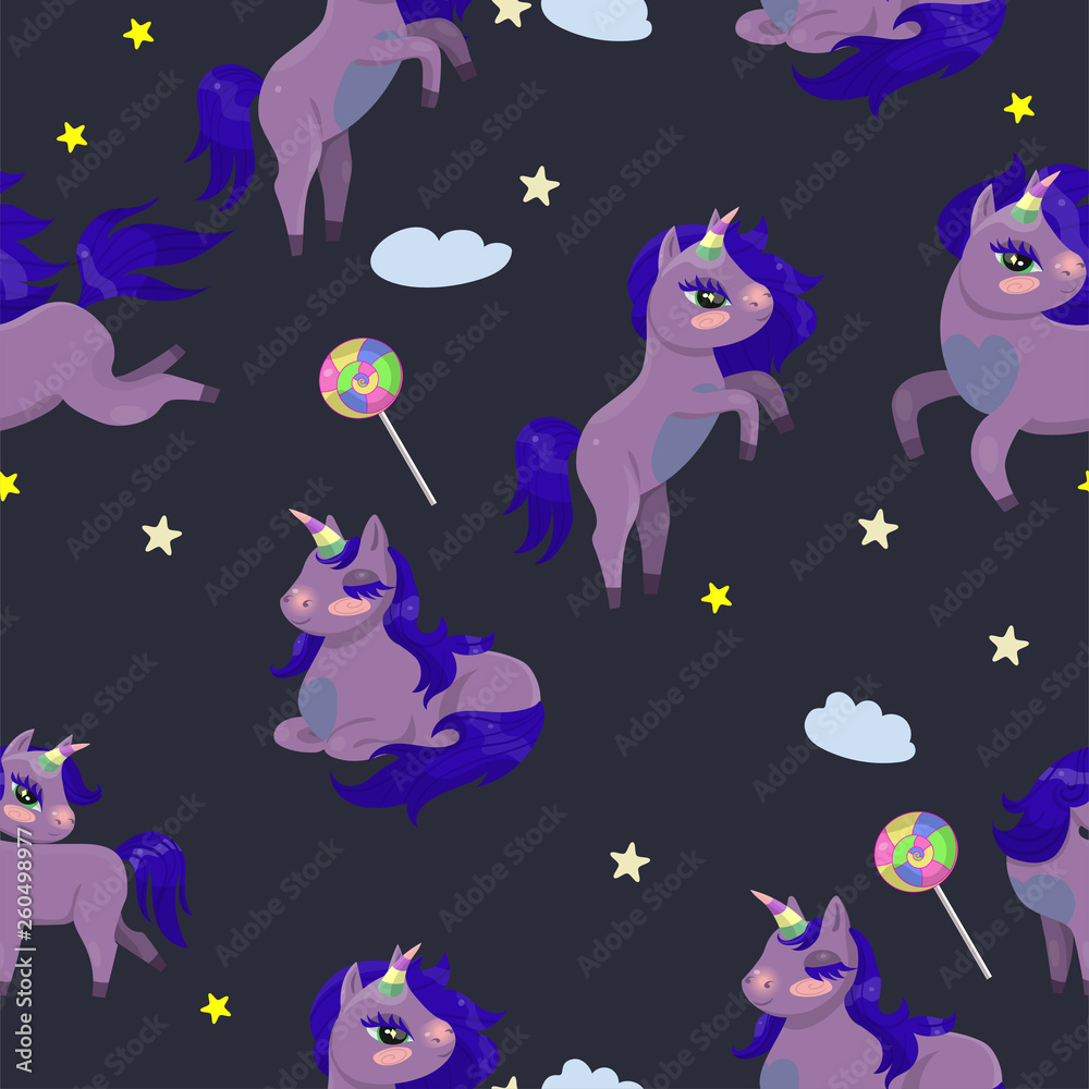 Seamless texture with magic unicorns and lollipops vector image