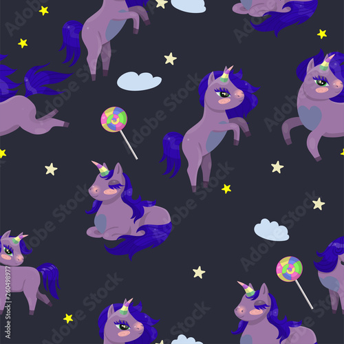 Seamless texture with magic unicorns and lollipops vector image © Екатерина Зирина