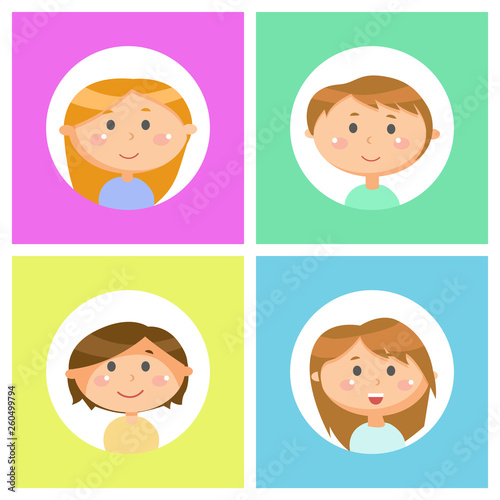 Boys and girls portraits, school children avatars vector. Cartoon male and female characters, pupils with friendly faces, round head, brown and blond hair