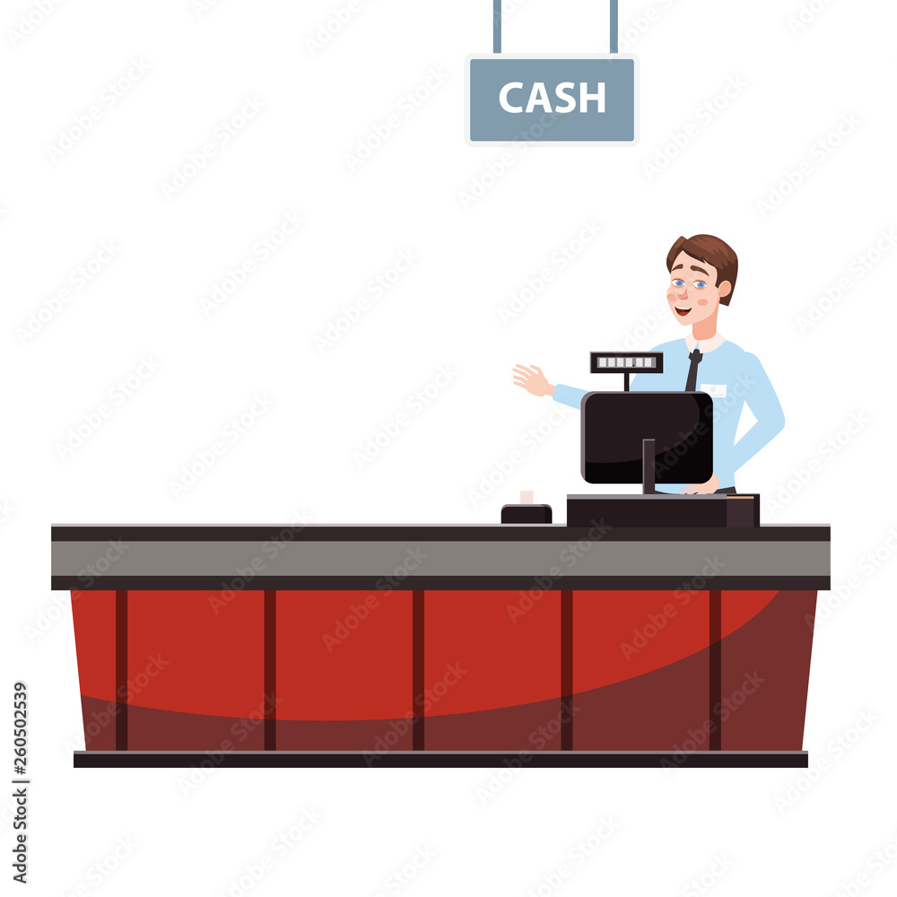 Cashier behind the cashier counter in the supermarket, shop, store Cashier behind the cashier counter in the supermarket, shop, store