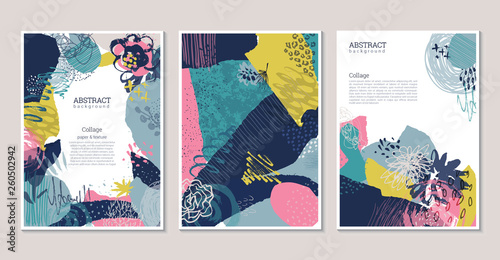 Vector collection of trendy creative cards with cut paper, floral elements and different textures.