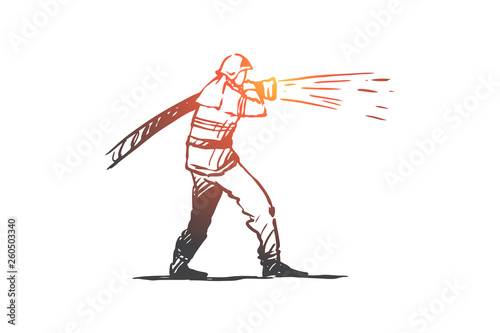 Firefighter, emergency, fire, helmet, rescue concept. Hand drawn isolated vector.