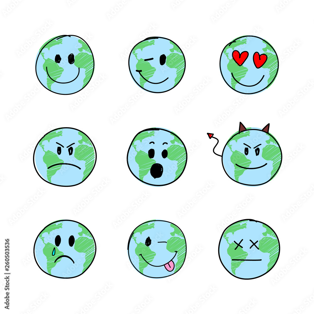 Set of the hand drawn planet smiles faces on the white background Stock ...