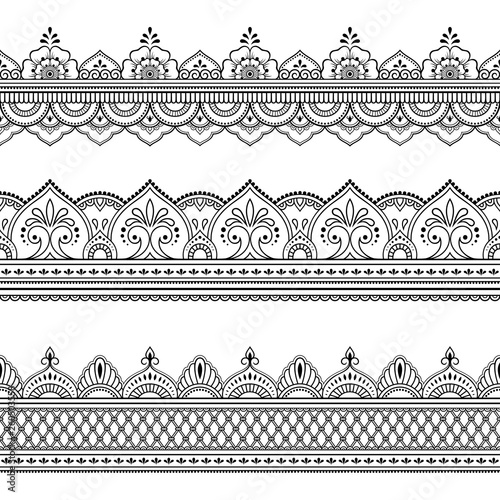 Set of seamless border ornament for design, Henna drawing, Mehndi and tattoo. Decorative pattern in ethnic oriental, Indian style.