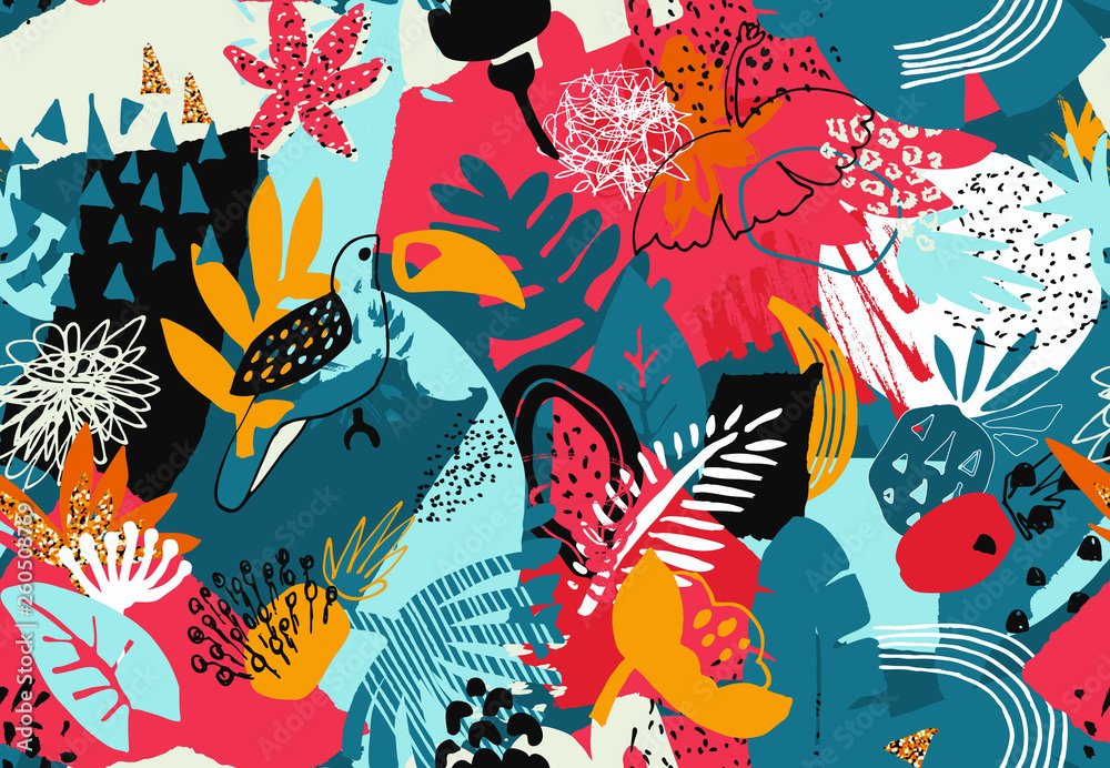 Vector colorful seamless pattern with tropical plants, flowers. birds, hand painted texture.