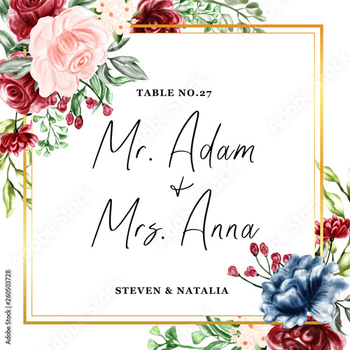 watercolor floral frame illustration, escort wedding card
