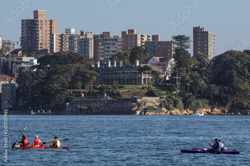 Kayakers paddling in Sydney harbou, with the famous Harbour Bridge and Opera House in the background