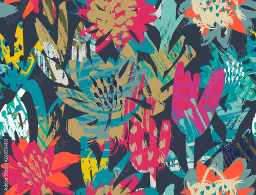 Vector seamless pattern with flowers and hand painted texture