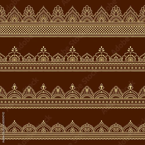 Set of seamless border ornament for design, Henna drawing, Mehndi and tattoo. Decorative pattern in ethnic oriental, Indian style.