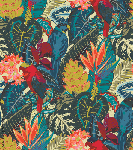 Seamless vector pattern with tropic parrots with exotic flowers and palm leaves.